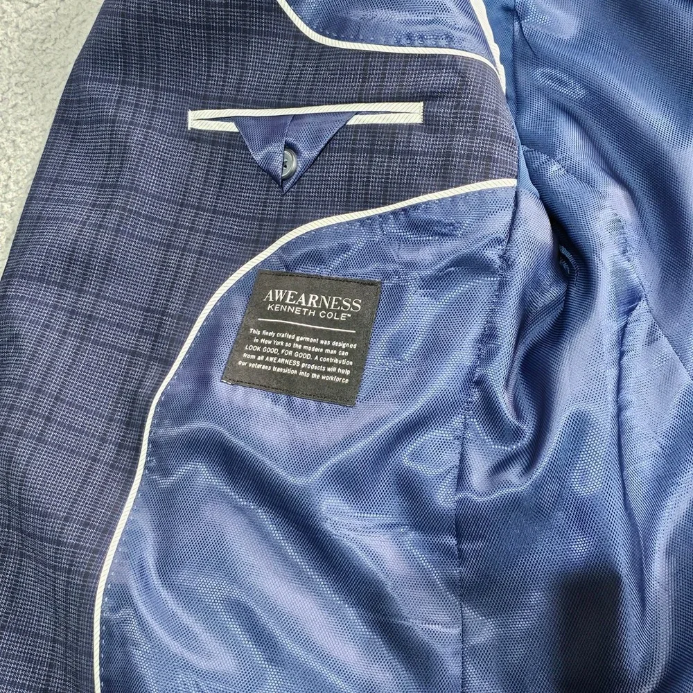 Awearness Kenneth Cole Sport Coat Mens 42R Blue Plaid Slim Fit Wool Blend Blazer